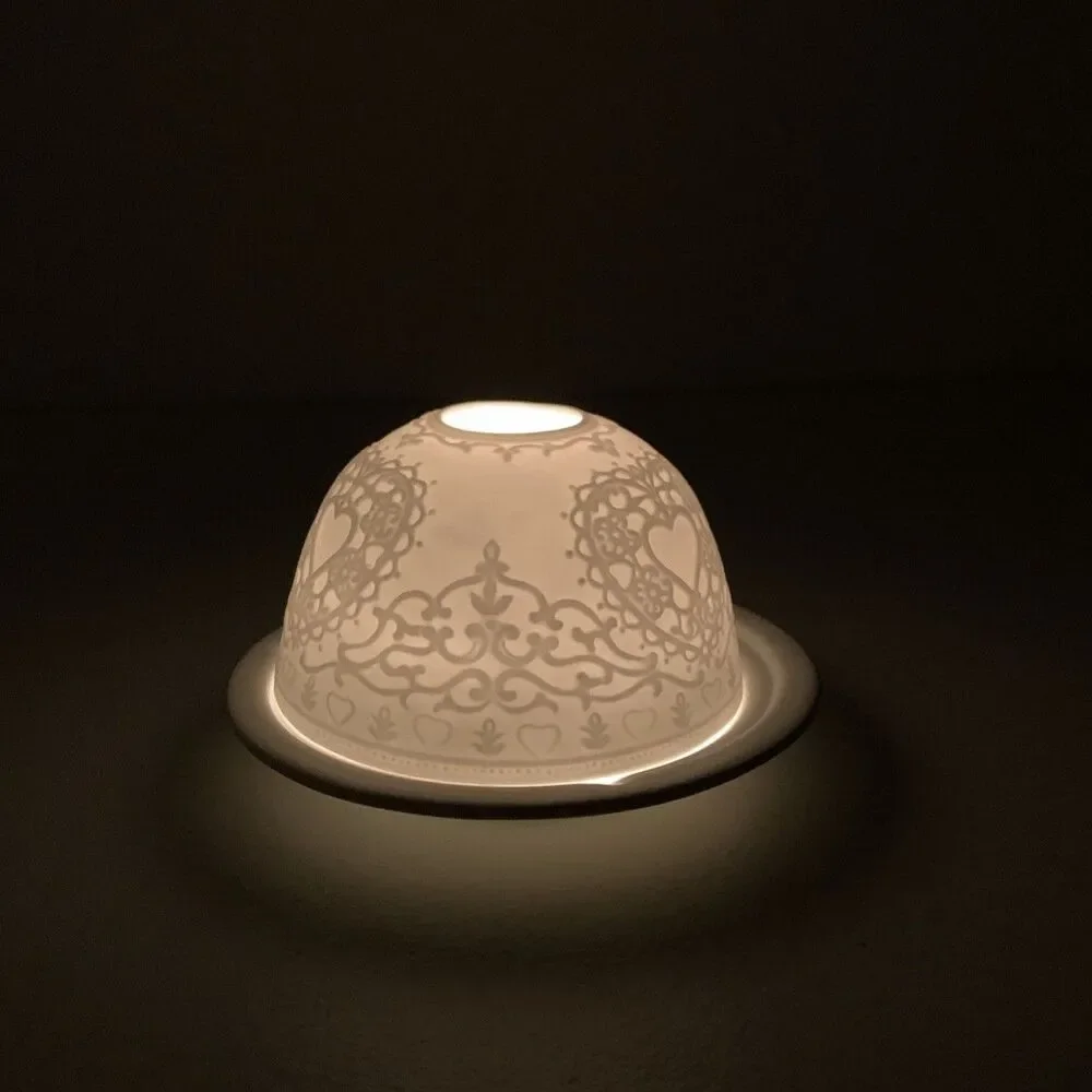 Vintage Lithophane  Porcelain Candle Tea Light Holder Heart Fairy Lamp
